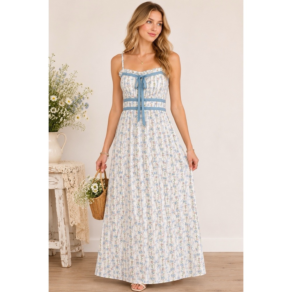 Blu Pepper White and Blue Floral Maxi Sundress